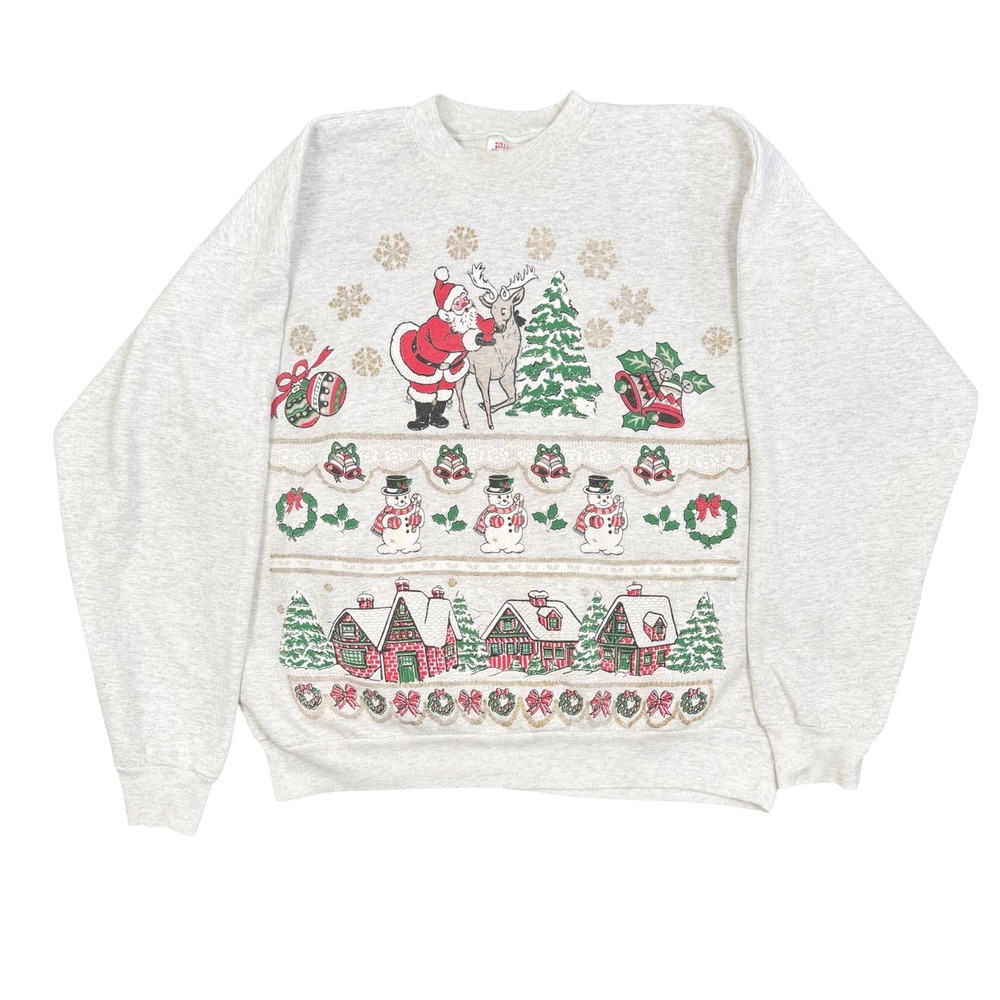 90s Vintage Hanes Christmas Sweatshirt Adult L Gray Santa Reindeer Snowman